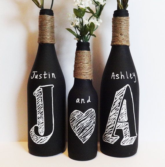 Botellas de boda escritas con gis