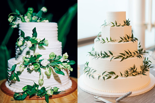 Pasteles de boda con hojas verdes