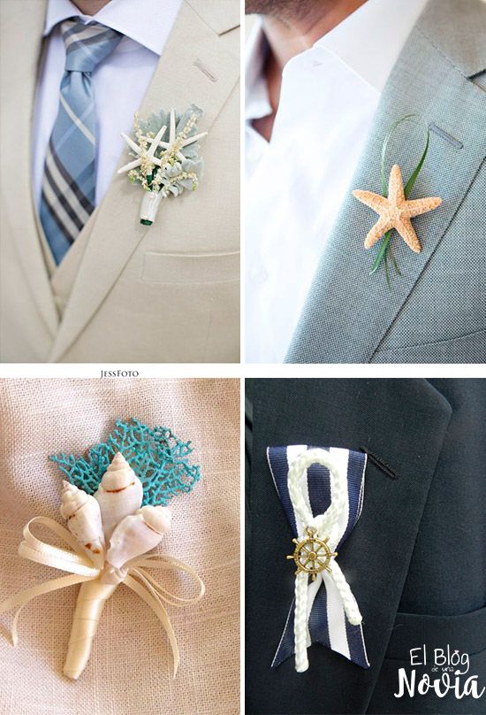 Boutonniere para el novio con conchas, estrellas de mar y tema náutico